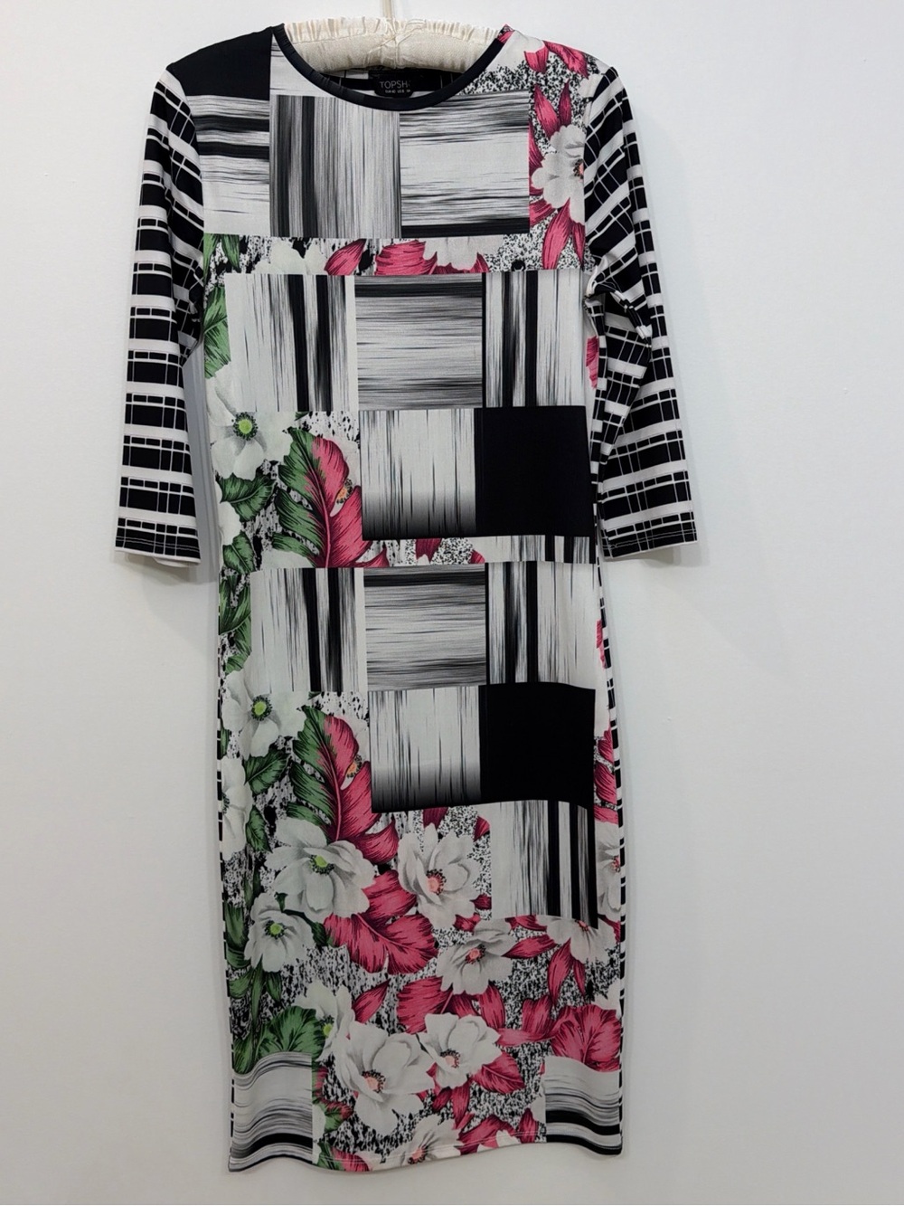 Topshop Black, White, Pink & Green Graphic Floral Midi Dress